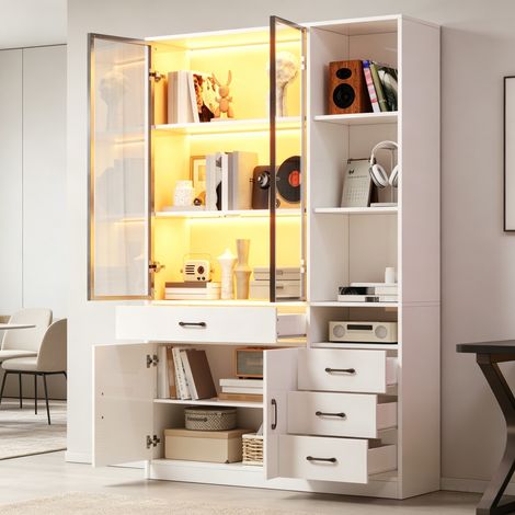 Meuble de rangement haut blanc avec vitrine lumineuse LED, 120x35x200 cm. Bibliothèque à 13 casiers, 4 tiroirs, portes vitrées. Armoire colonne pour salon ou salle à manger, placard moderne. (1/5)