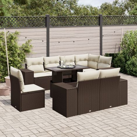 9-tlg. Garten-Sofagarnitur mit Kissen Braun Poly Rattan (1/5)
