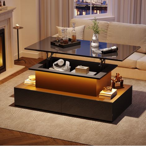 Couchtisch aus Spanplatte in Schwarz Hochglanz mit LED und ausziehbarer Platte 90 x 55 cm (1/5)