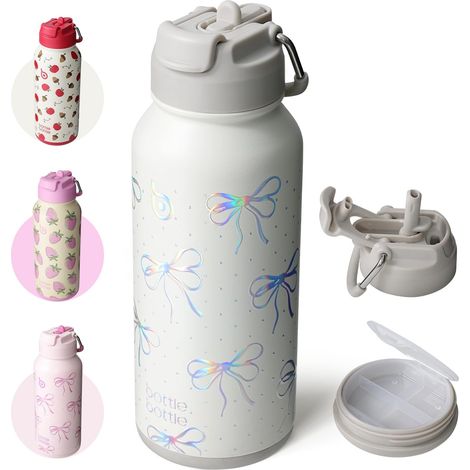 gourde isotherme sport inox 32oz, paille, boîte à pilules bling bow, pour le bureau, le sport et le voyage, garde la glace 24h (1/5)
