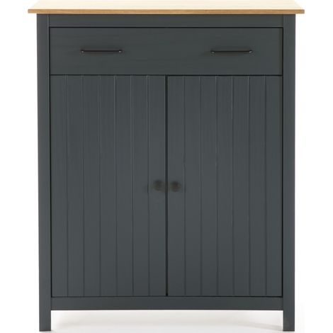 Meuble de rangement d'appoint en pin massif décor ciré chêne et bleu - Longueur 90 x Profondeur 40 x Hauteur 110 cm -PEGANE- (1/4)