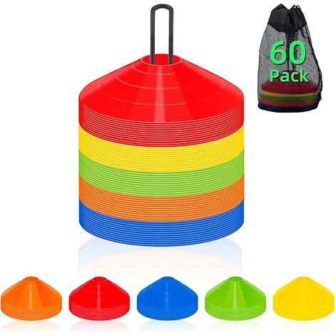 Cones Sportifs - 60 Pièces - 4 x 7 x 9 Pouces - Polyéthylène Haute Résistance - Pour Entraînement Football Basket Ball Tennis - Lot Complet avec Sac Réseau et Support Métallique (1/3)