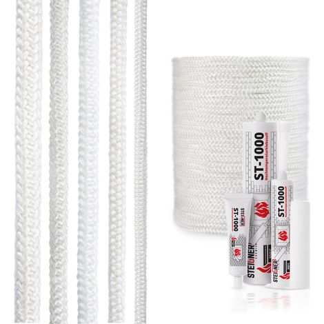 STEIGNER Ofendichtschnur Kamindichtung aus GLASFASERN, hitzebeständig bis 550°C, inkl. feuerfestem Montagekleber, Weiss, 1m, 6mm, SKD02 (1/5)