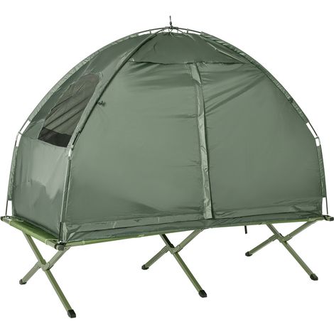 Ensemble tente camping avec lit, sac couchage et matelas - Vert foncé (1/5)