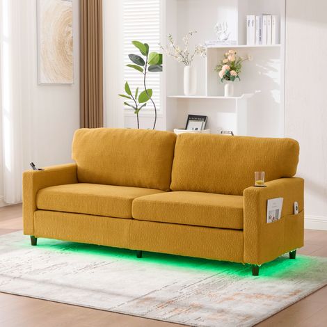 Canapé droit 2 places 203x77,5x86 cm en chenille jaune moutarde, avec rangement salon FloraGrace (1/5)
