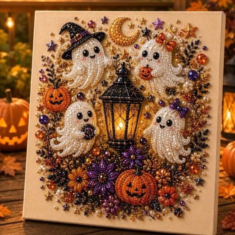 DIY Halloween Raven Pumpkin Handmade Pearl Painting Bedroom Decor Set - Ghost - 2020cm with Frame