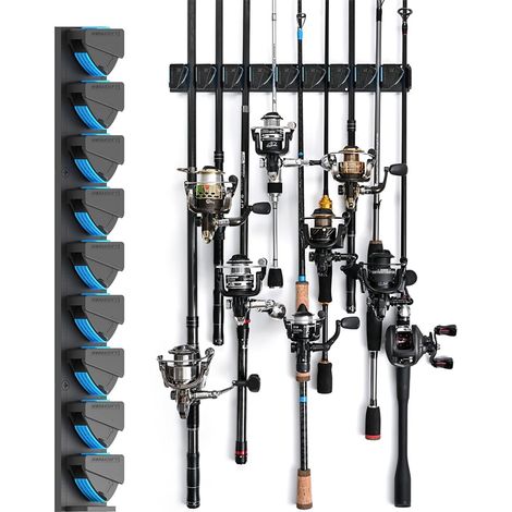 Soporte horizontal/vertical para cañas de pescar, montaje en pared, techo para hasta 9 cañas o combinación, apto para garaje, compatible con la mayoría de cañas de pescar de 3 a 19 mm de diámetro (azu (1/5)
