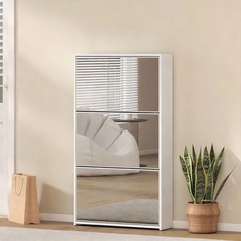 Meuble à chaussures 9 paires, armoire à chaussures étroite, 3 tiroirs rabattables et portes miroirs, 65x17x114,5cm blanc (1/5)