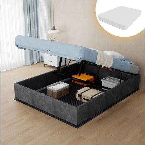 Bett modern aus grauem Stoff und Metall 140x200 cm, ohne Kopfteil, inklusive Matratze (1/5)