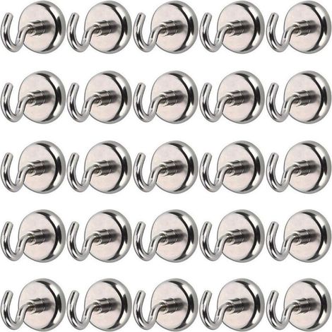 Lot de 25 crochets magnétiques néodyme – Force d’attraction 10 kg – Installation sans outils – Pour surfaces métalliques – Acier A3 – Einemgeld