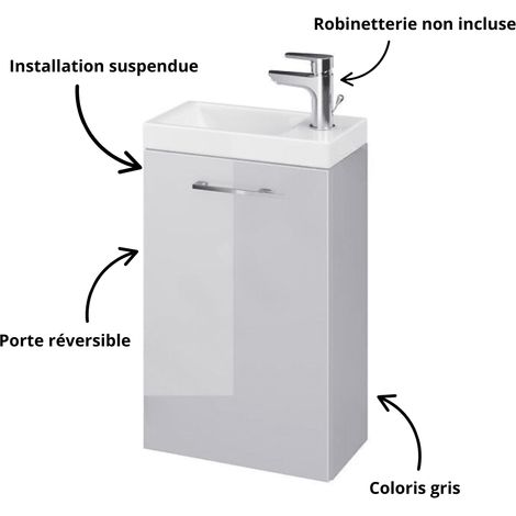Cersanit – Meuble lave-mains suspendu compact 590x392x215mm – Finition grise élégante – Installation murale pour gain d'espace – Porte réversible
