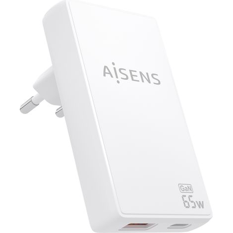 AISENS - CARGADOR DE PARED GaN ULTRA DELGADO 65W, 1xUSB-C PD3.0 QC4.0, 1xUSB-A QC3.0, BLANCO