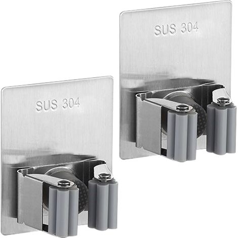 Lot de 2 supports de balai/serpillère en acier inoxydable, fixation murale sans perçage, pour la maison, la salle de bain, la cuisine, le jardin et le garage.
