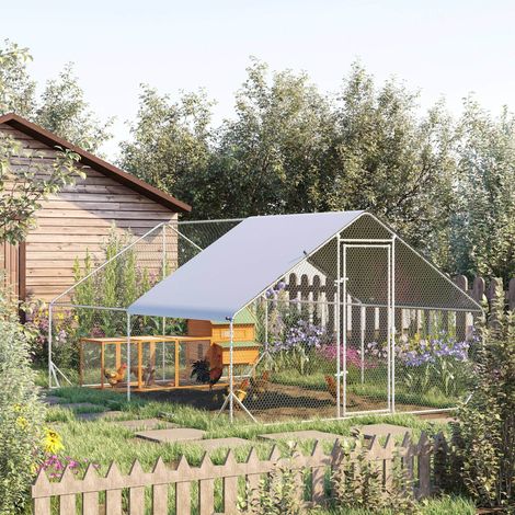Gallinero exterior 300x400x200 cm de acero galvanizado plateado con techo FloraGrace (1/5)