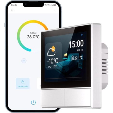 (blanc) Interrupteur de Scène Intelligent, Interrupteur Mural WiFi (2 Gang), Thermostat sans Fil Domotique,APP et Contrôle de Scène Intelligent, Compatible avec Alexa et Google Home