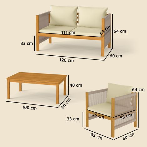 Un ensemble de mobilier de jardin en bois d'acacia, comprenant un canapé, deux fauteuils rembourrés et une table basse (ensemble de 4). (1/5)