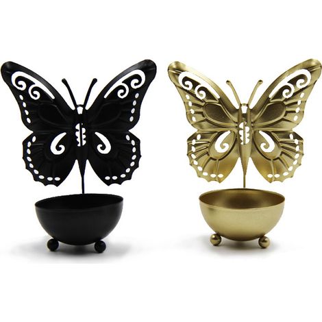 Deux photophores en forme de papillon, en métal noir et doré, pour la décoration de la maison. (1/5)