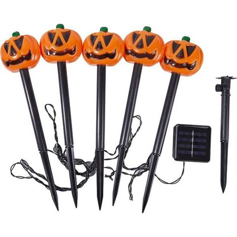 Lot de 5 lampes solaires citrouille pour décoration d'Halloween, décoration de jardin d'Halloween, lampes solaires citrouille, pathway pour Halloween, extérieur, résistant aux intempéries