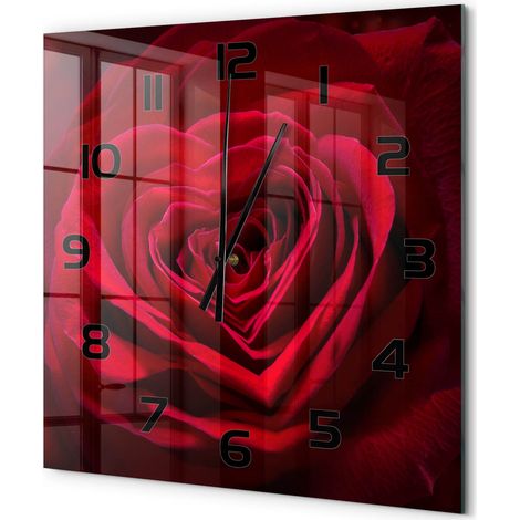 Grande Horloge Murale Carrée Décoration Murale Verre Trempé Design Artistique Cœur de rose rouge 60x60 cm (1/5)