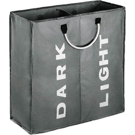 Cesto de ropa doble grande con asas, 53 x 23 x 53 cm, cesto plegable para ropa sucia, color gris oscuro.