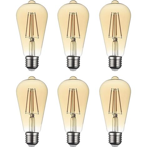Lot de 6 ampoules LED E27 à filaments vintage ST64, sans scintillement à vis Edison – 6 W (équivalent 60 W) 650 lm blanc chaud 2700 K AMBRE, non variable. [Classe énergétique A+] [Classe énergétique F (1/4)