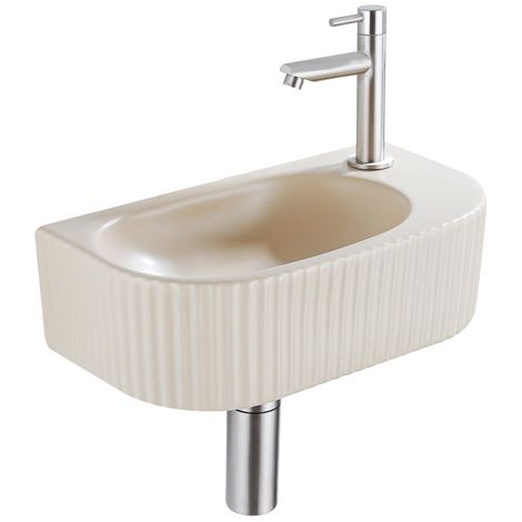 QeramiQ Fuente Ensemble de lavabo - 40x21.5x12cm - droit - lisse - demi-rond - 1 trou de robinet - céramique - robinet de lave-mains en acier