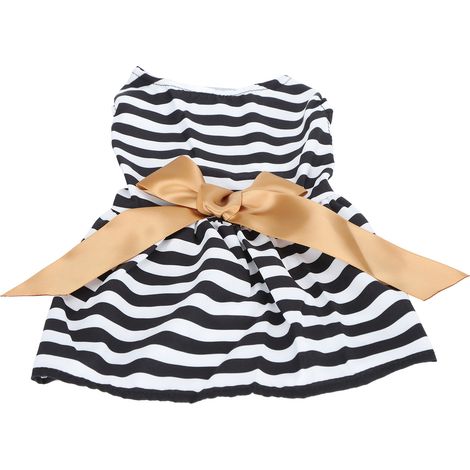 Robe d'été mignonne pour chienne, jupe sans manches en polyester avec nœud papillon, idéale pour les fêtes (XZD294, rayures noires et blanches, taille S). (1/5)