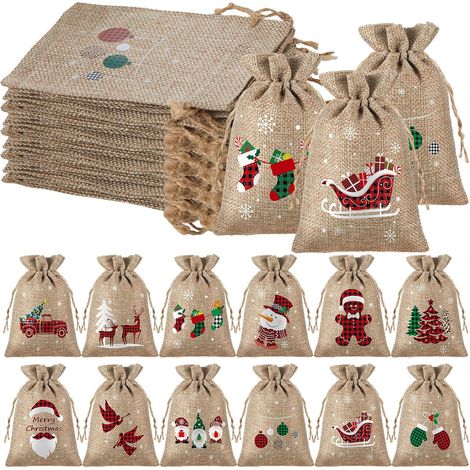 24 sacs de Noël en lin, sacs de Noël à cordon (1/5)