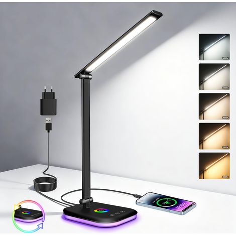 Lampe de Bureau LED avec Adaptateur, Pliable Lampe de Chevet Dimmable avec 5 Modes de Couleur et réglage de la luminosité de 10 à 100 %, veilleuse couleur, pour Chevet, Bureau, Enfants(Noir) (1/5)