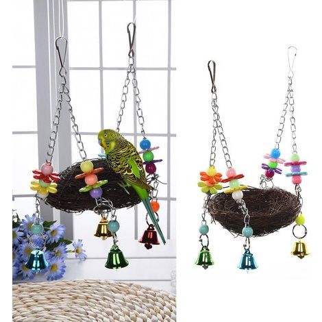 Vogelschaukel aus natürlichem Rattan mit Glöckchen und Sitzstange für Papageien und Wellensittiche (12 cm)