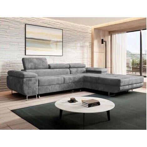 Alvaro Velvet Left Hand Facing Corner Sofa Bed with Storage and Lift Mechanism - Grey (1/4)