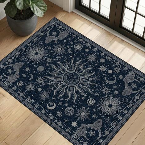 Tapis lavable 2x3 adapté à l'aspirateur bleu gris blanc soleil et lune bohème gothique colonne basse salon chambre à coucher salle à manger cuisine entrée couloir tapis de porte (1/5)