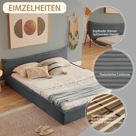Lit double 140200cm, avec revêtement en velours côtelé classique et élégante bordure discrète sur la tête de lit, bois d'eucalyptus écologique + cadre en fer robuste, montage facile, gris foncé (sans (1/5)
