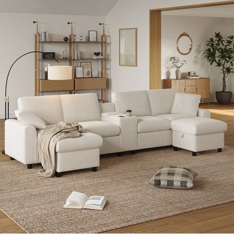 U-Sofa 315/135/81 cm in Beige aus Cord mit 2 Stauraumhockern und USB-Anschlüssen (1/5)