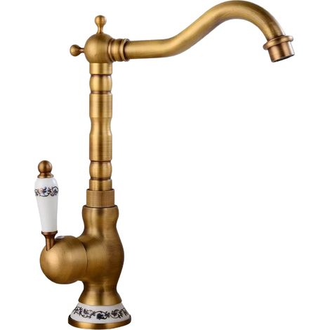 Mitigeur lavabo vintage tout cuivre doré – Poignée céramique, eau chaude/froide – Style classique salle de bain (1/3)