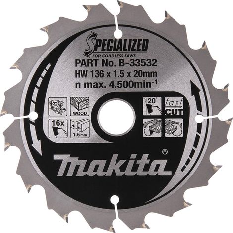 Makita – Lame de scie circulaire 136 mm – Pour bois dur – Alésage 20 mm – 16 dents – Coupe fine et précise (1/5)