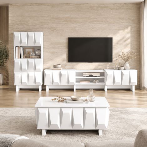 Ensemble de meubles de salon 3 pièces avec meuble TV, vitrine et table basse, façades 3D géométriques, rangement ouvert et fermé, coloris blanc, panneau de particules – CHICFURN (1/5)