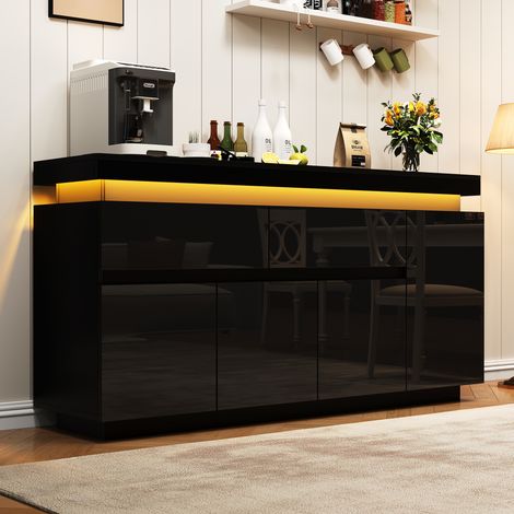 Credenza soggiorno 140 x 35 x 72,5 cm con LED, 2 cassetti, 4 ante, finitura nera lucida (1/5)