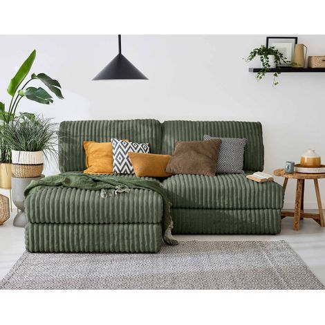 Lisa Design – Canapé d'angle modulable 3 places – Fausse fourrure côtelée verte – Angle réversible – Coussins déhoussables – Dimensions 202x157cm (1/5)