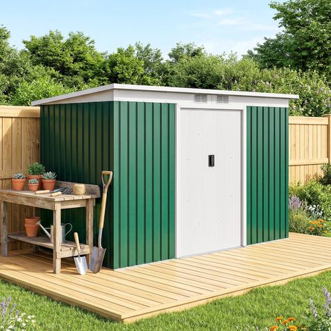 Abri de jardin 3,6 m² 280 x 130 x 172 cm kit de fondation porte coulissante ventilations acier galvanisé vert foncé (1/5)