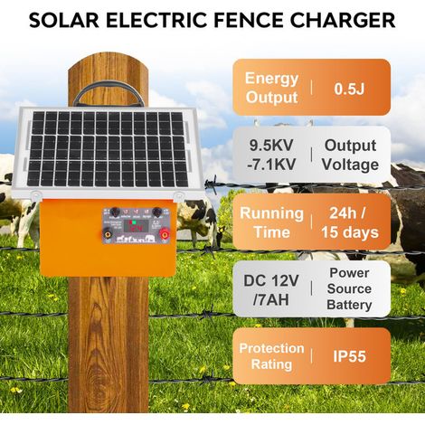 Clôture Électrique Solaire Électrificateur de Clôture pour Animaux 0.5J 9.5KV Portée 32KM avec Batterie 12V Réglable Étanche IP55 pour Ferme Jardin Élevage