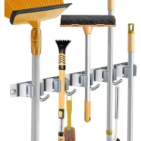 Accroche Balai Mural, Porte Balais en Acier inoxydable, Support Cintre de Rangement pour Cuisine, Buanderie, Organisation du Garage (5 Emplacements et 4 Crochets) (1/4)