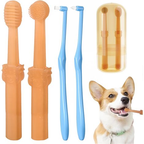 Lot de 4 brosses à dents pour petit chien et chat, brosse pour chien et chat, brosse à dents en silicone souple à 360 degrés, soins dentaires pour chien, hygiène bucco-dentaire, nettoyage (1/5)