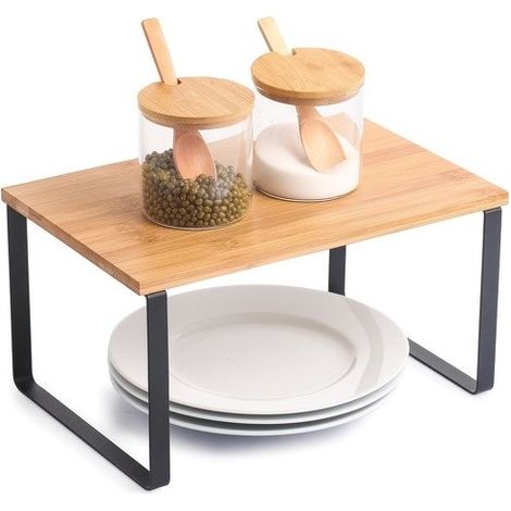 MSV – Etagère support de cuisine sur pied – Bambou et acier noir mat – Design industriel – Rangement pour épices et bouteilles d'huile