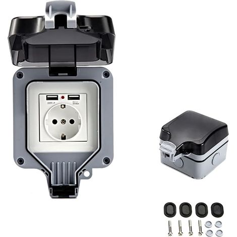 Double prise murale d'extérieur avec prise électrique USB étanche et résistante avec boîtier mural (simple) (1/5)