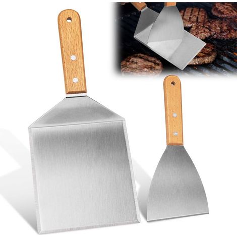 Set aus 2 Grillspateln aus Edelstahl mit Holzgriffen für Hamburgerpresse, Teppanyaki-Grill, Barbecue, Steak und Pizza (1/4)