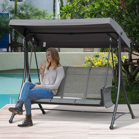 Balancelle Hollywood 3 places avec poche latérale et pare-soleil réglable, supportant jusqu'à 300 kg, idéale pour le jardin ou la terrasse. Dimensions : 196 x 128 x 172 cm. Couleur : gris foncé. (1/5)