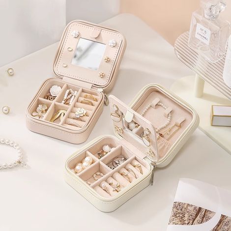 Lot de 2 boîtes à bijoux de voyage, petite boîte de rangement de bijoux pour femmes et filles, étui à bijoux en cuir PU avec miroir, boîte de rangement de bijoux pour boucles d'oreilles, bagues, boucl