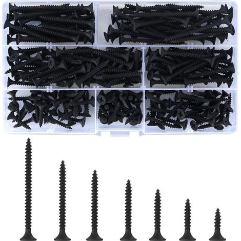 220 Pièces Vis à Bois Autotaraudeuses, M3,5 x (16/20/25/30/35/40/50) mm Vis Autoforeuse à Tête Plate Croisée Noire, Vis à Métaux pour Cloisons Sèches Meubles (1/4)