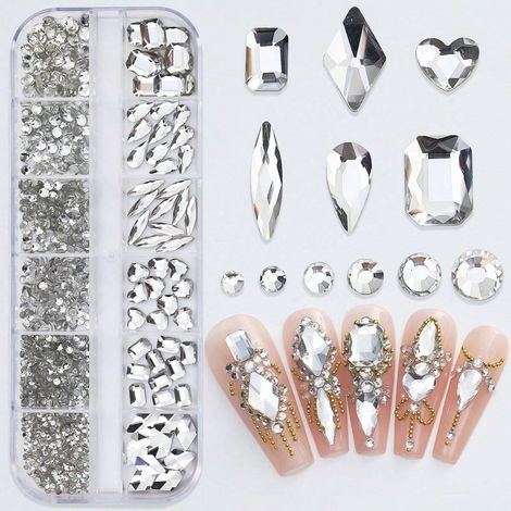 12 grilles de strass pour nail art transparents, 6 types de diamants blancs, 6 tailles de cristaux plats pour décorations 3D, pierres à dos plat, 1,5-4,3 mm, charmes DIY (1/4)